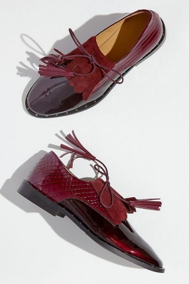 Rogue Matilda Anissa Textured Patent-Leather Brogues in Wine ~ glossy deep-red flats - flipped