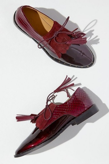 Rogue Matilda Anissa Textured Patent-Leather Brogues in Wine ~ glossy deep-red flats
