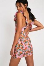 Finders Keepers Aranciata Ruffle Tie-Back Mini Dress in Pink ~ fruit print summer dresses