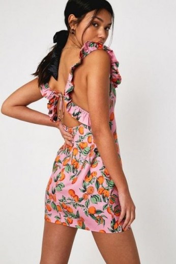 Finders Keepers Aranciata Ruffle Tie-Back Mini Dress in Pink ~ fruit print summer dresses - flipped