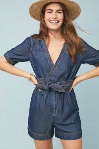 Pilcro Belted Denim Playsuit | blue wrap style playsuits - flipped