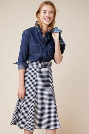 Seen Worn Kept Belted Gingham Midi Skirt in Blue Motif | flared A-line skirts - flipped