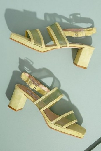 About Arianne Pruna Mesh-Trimmed Suede Heels in Yellow | spring block-heel slingbacks - flipped