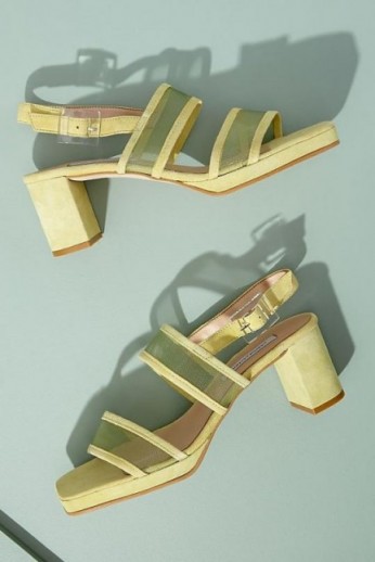 About Arianne Pruna Mesh-Trimmed Suede Heels in Yellow | spring block-heel slingbacks