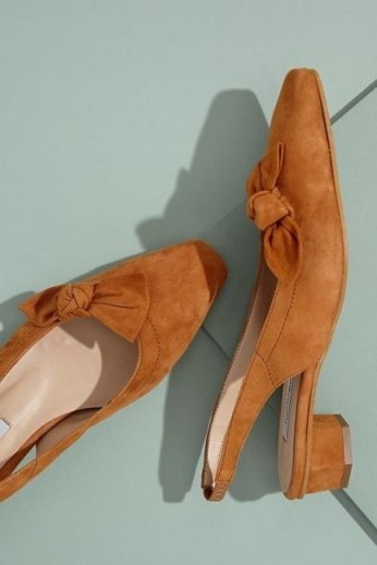 About Arianne Galo Bow-Detailed Suede Heels in Dark Orange | chic retro skingbacks - flipped