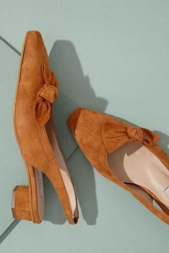 About Arianne Galo Bow-Detailed Suede Heels in Dark Orange | chic retro skingbacks
