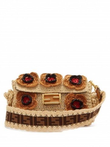 FENDI Baguette floral-crochet raffia bag in beige ~ luxe retro handbag - flipped