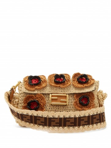 FENDI Baguette floral-crochet raffia bag in beige ~ luxe retro handbag