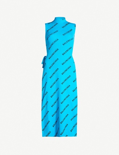 BALENCIAGA Logo-print ribbed knitted dress in turquoise / black | designer knitwear
