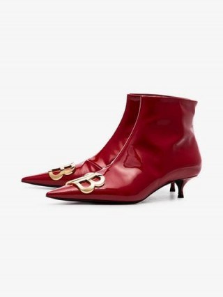Balenciaga Red BB 40 Patent Leather Ankle Boots – kitten heel booties - flipped