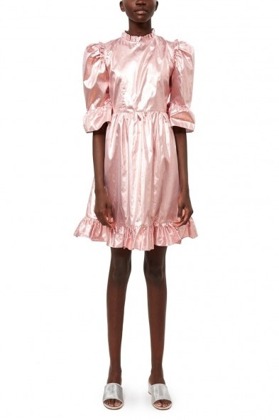 BATSHEVA LAMÉ PRAIRIE DRESS in Pink | metallic puff sleeved dresses - flipped