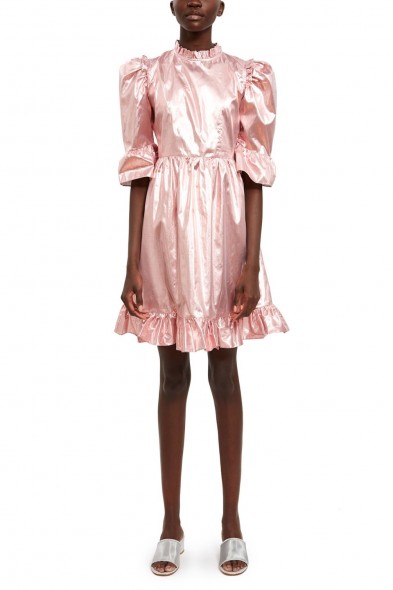 BATSHEVA LAMÉ PRAIRIE DRESS in Pink | metallic puff sleeved dresses