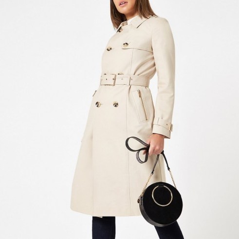 RIVER ISLAND Beige double breasted belted trench coat ~ classic mac - flipped