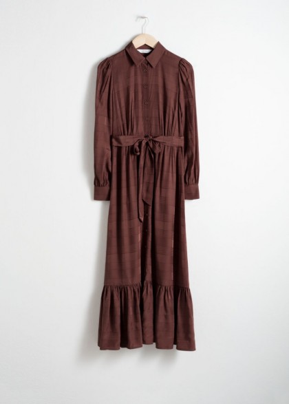 & other stories Belted Ruffle Midi Dress in Burgundy | prairie dresses