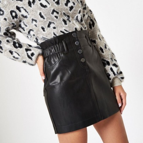 River Island Black faux leather button front mini skirt | gathered paperbag waist skirts - flipped