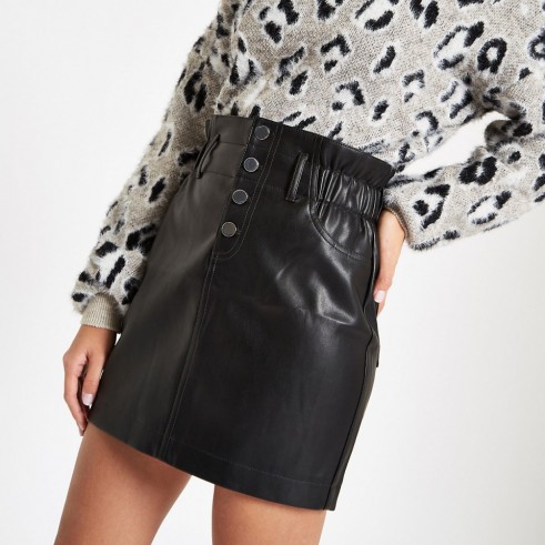 River Island Black faux leather button front mini skirt | gathered paperbag waist skirts