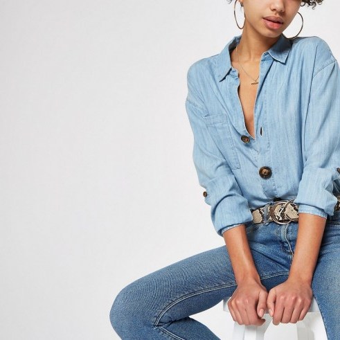 River Island Blue button down front denim shirt | casual fashion - flipped