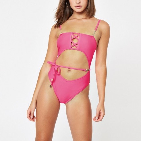 RIVER ISLAND Bright pink cut out tie swimsuit – strappy swimwear - flipped