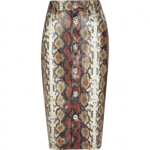 RIVER ISLAND Brown faux leather snake print pencil skirt – reptile prints - flipped