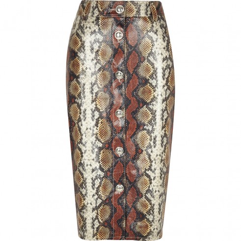 RIVER ISLAND Brown faux leather snake print pencil skirt – reptile prints