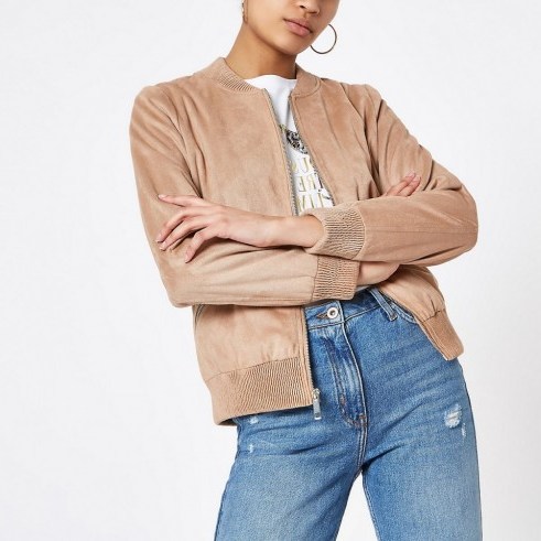 RIVER ISLAND Brown faux suede bomber jacket ~ casual style ~ colour trend - flipped