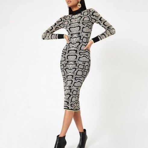 RIVER ISLAND Brown snake print high neck fitted dress ~ bold reptile prints - flipped