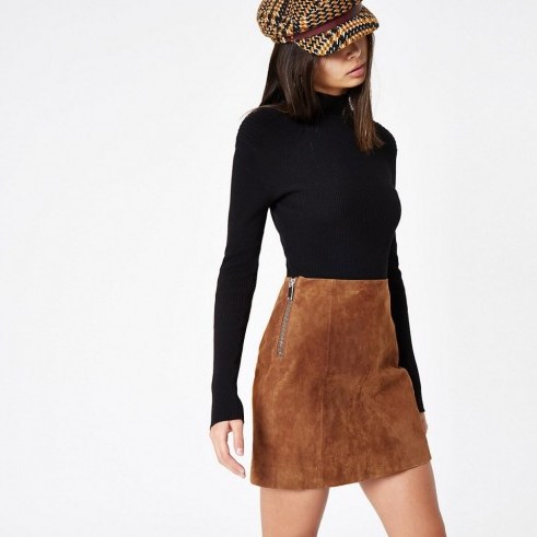 RIVER ISLAND Brown suede A line skirt | classic vintage style skirts - flipped