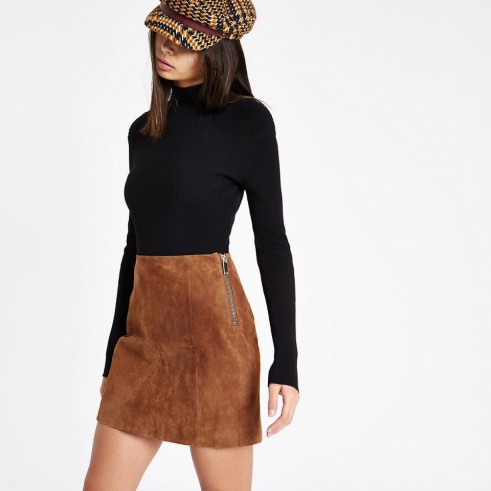 RIVER ISLAND Brown suede A line skirt | classic vintage style skirts