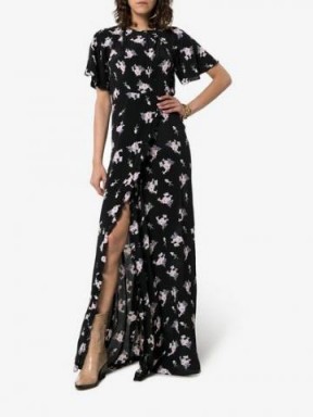 By Timo Small Bouquet Front Slit Maxi Dress in Black / long floral dresses