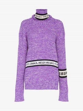 Calvin Klein Jeans Est. 1978 Turtleneck Wool Logo Sweater in Purple ~ high neck slouchy jumper - flipped