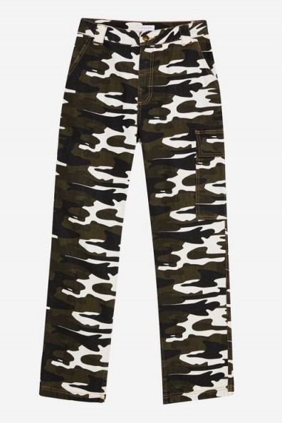 TOPSHOP Camouflage Straight Leg Trousers in Khaki