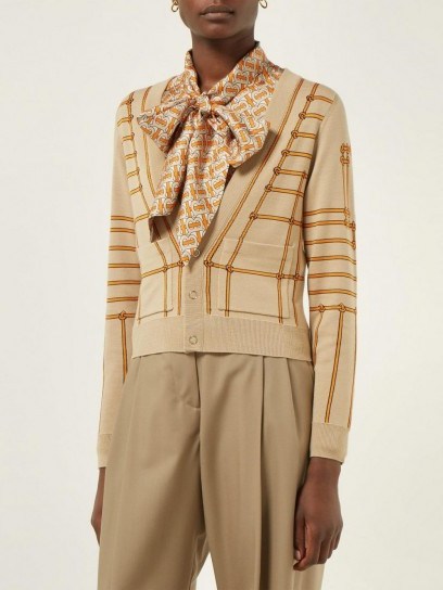 BURBERRY Chain-intarsia beige silk-blend cardigan ~ designer patterned cardigans - flipped