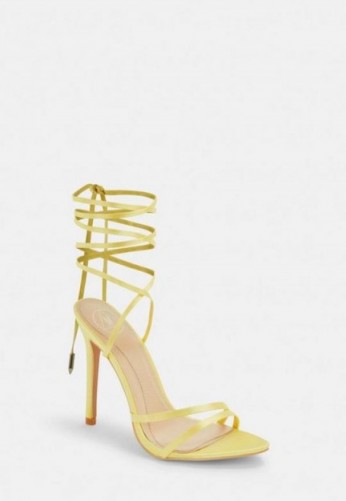 MISSGUIDED chartreuse satin lace up barely there heeled sandals ~ party glamour ~ glamorous going out shoes