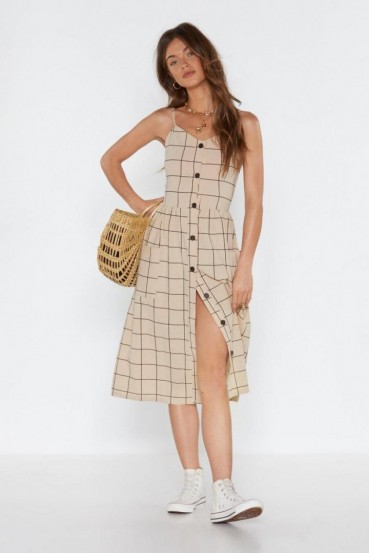 NASTY GAL Check Botton Front Midi Dress in beige – front button up sundress