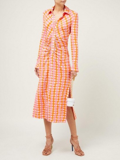 ALTUZARRA Claudia ruched gingham-jersey midi dress ~ orange and pink checks - flipped