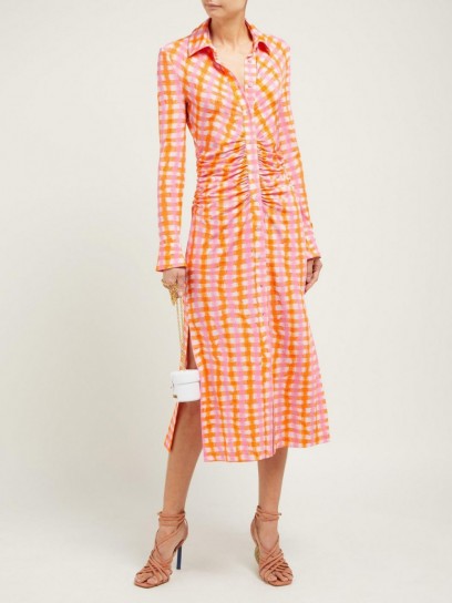 ALTUZARRA Claudia ruched gingham-jersey midi dress ~ orange and pink checks