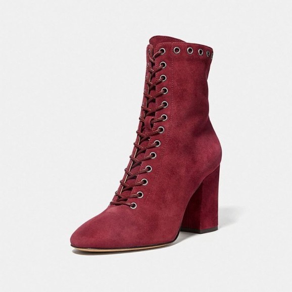 COACH Dean Bootie MERLOT | red suede lace up boots - flipped