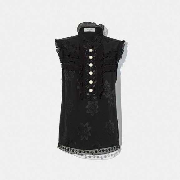 COACH Floral Jacqaurd Victorian Top in BLACK | short sleeve high neck prairie blouse | jacquard fabric - flipped