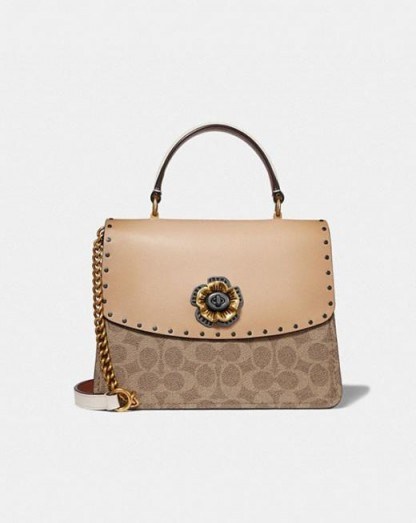COACH Parker Top Handle In Signature Canvas With Rivets TAN BEECHWOOD/PEWTER / luxe bags - flipped