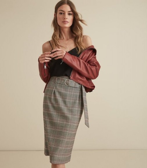 REISS CONNIE CHECKED SKIRT WITH BELT ~ tailored belted skirts - flipped