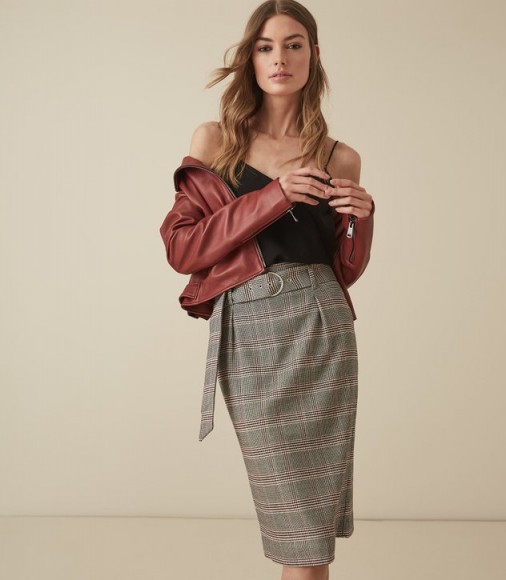 REISS CONNIE CHECKED SKIRT WITH BELT ~ tailored belted skirts