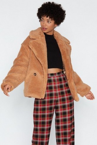 NASTY GAL Cover Your Back Faux Fur Coat in beige – fluffy light brown jacket - flipped