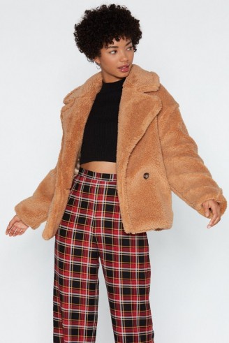 NASTY GAL Cover Your Back Faux Fur Coat in beige – fluffy light brown jacket