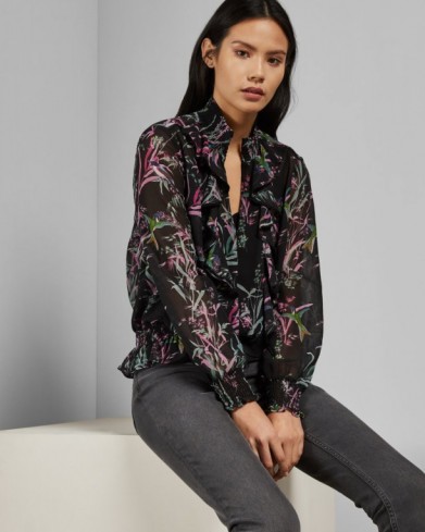 Ted Baker CALIO Dark Fortune smocked neck top in black – front ruffled blouse
