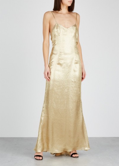 DE LA VALI Pepe gold lamé maxi dress ~ luxe metallic slip dresses