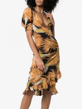 De La Vali Shanna Printed Silk Wrap Dress / plunge front ruffle trim dresses