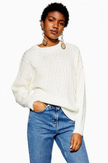Topshop Directional Ribbed Jumper in Ivory | neutral crew neck - flipped