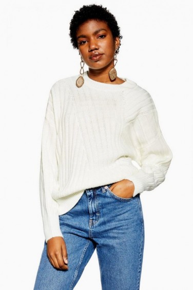 Topshop Directional Ribbed Jumper in Ivory | neutral crew neck