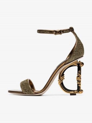 Dolce & Gabbana Gold-Tone Metallic 105 Logo Heel Sandals ~ statement heels ~ beautiful Italian footwear - flipped