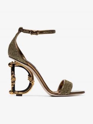 Dolce & Gabbana Gold-Tone Metallic 105 Logo Heel Sandals ~ statement heels ~ beautiful Italian footwear